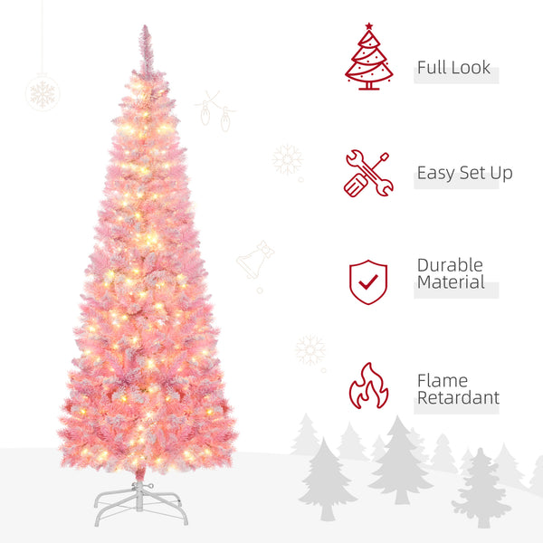 English Elm Homcom 6Ft Snow Flocked Pencil Christmas Tree With Warm White Leds – Perfect Space-Saving Holiday Decor W2225P229398