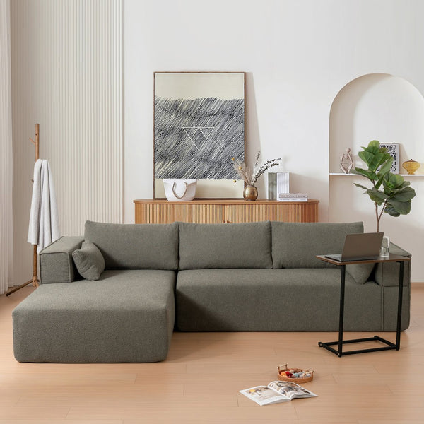 English Elm 112"Modular Sectional Sofa with Free Side Table and Pillows, Wrinkle-Resistant Boucle, No Assembly Required Grayish Green N723S9670F