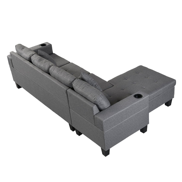 English Elm Sectional PU Sofa Set with L-Chaise, Built-In Cup Holders, Thick Foam Cushions, Modern 4-Seater Comfort Grey 69.69 L x 29.92 W x 12.99 H W2297S00015