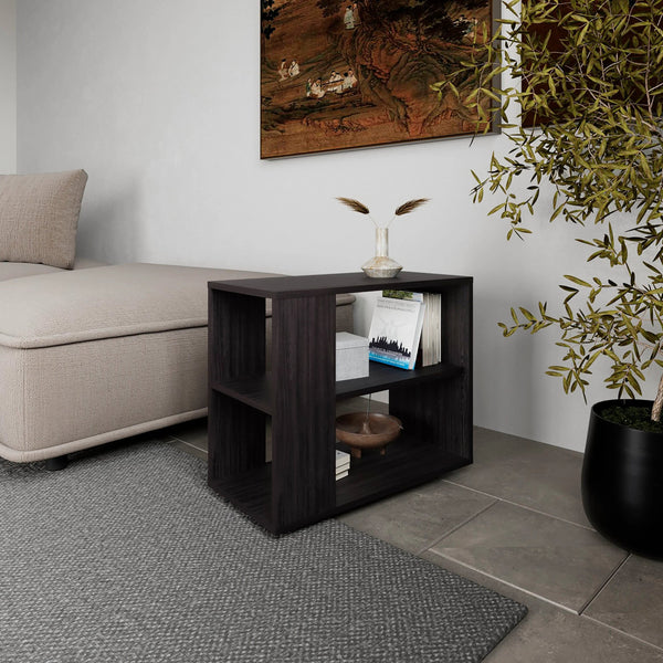 English Elm Wengue Modern Side Table with Open Two-Shelf Storage, Sleek Rectangular Melamine Design for Living Room Elegance and Organization B062P290234