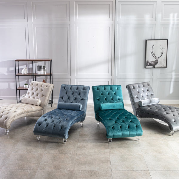 English Elm Velvet Curved Chaise Lounge Sofa with Button-Tufted Upholstery, Foam Seat, Acrylic Legs, Stylish Relaxation Teal W39538678