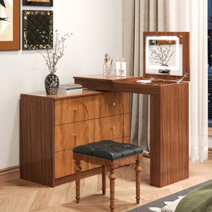 English Elm Vanity LED Mirror Desk with Flip-Top Dual Function, 7 Drawers & Multiple Shelves for Organized Glam Walnut 47.24 L x 19.69 W x 6.5 H N733S363650H