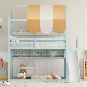 English Elm Full Size Wood Loft Bed with Canopy Slide and Built in Bookshelves for Kids Light Green N7090005021F