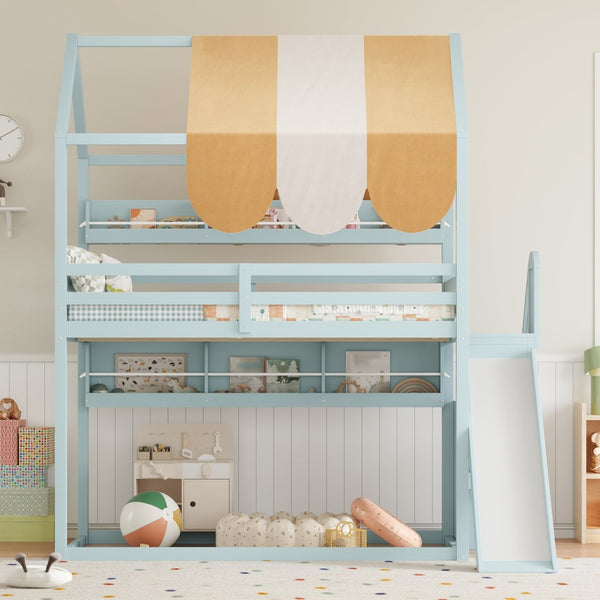 English Elm Full Size Wood Loft Bed with Canopy Slide and Built in Bookshelves for Kids Light Green N7090005021F