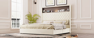 English Elm Queen Velvet Tufted Wingback Platform Bed Tall Headboard with Usb Charging Shelf Beige N733P367135A