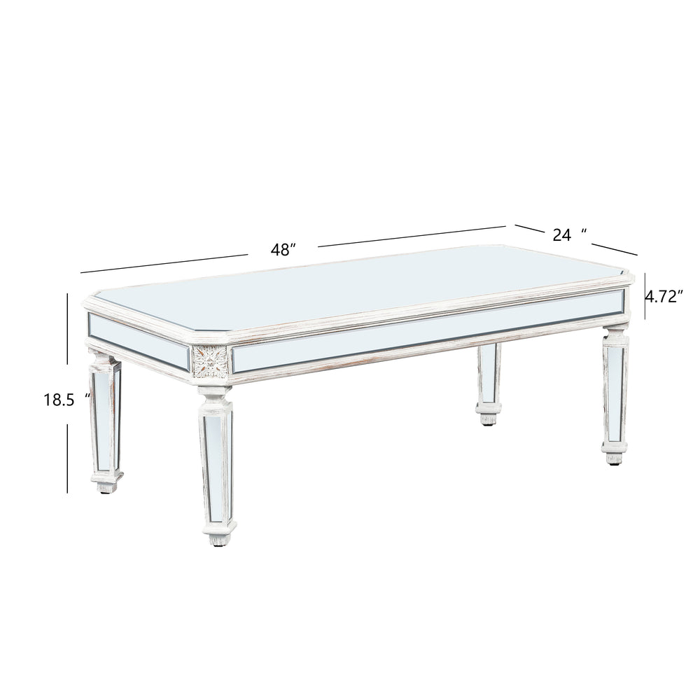 English Elm Silver Mirrored Coffee Table with Vintage Carved Accents, Rectangular Glass Top, Elegant Centerpiece for Living Room and Office (52.75"L x 26.37"W x 6.88"H) W1445P214047