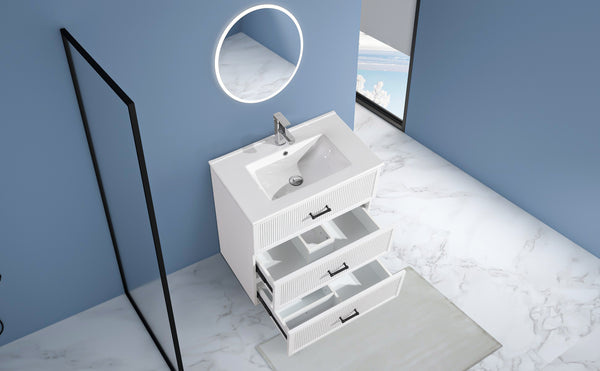 English Elm 30 Inch Bathroom Vanity With Ceramic Sink - Modern Freestanding Storage Cabinet, 2 Drawers, White Finish W1550S00045