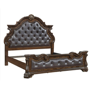 English Elm Formal Eastern King Bed Tufted Burl Veneer Frame with Gold Carved Detailing B011S02305