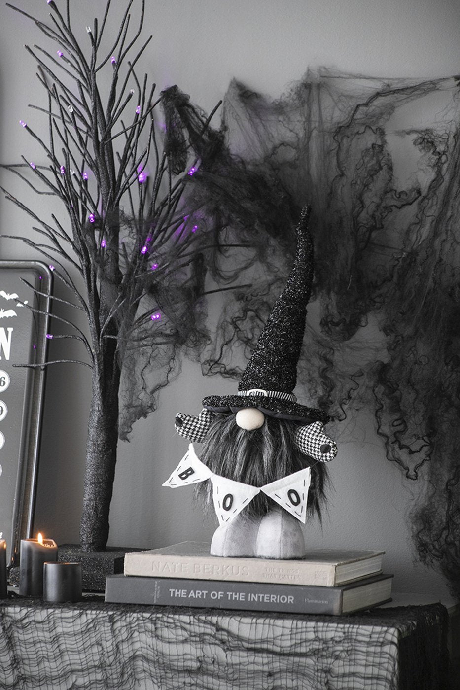 English Elm 6x4x20" Fabric Black Gnome with Faux Fur Beard and BOO Banner, Whimsical Halloween Shelf Centerpiece W2078P237618
