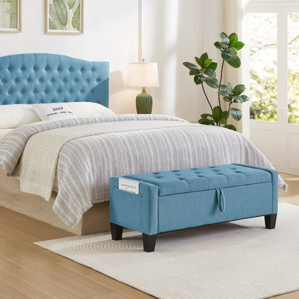 English Elm Ottoman Tufted Linen Storage Bench with Safety Hinge Solid Wood Frame Entryway Seat W2186P470000