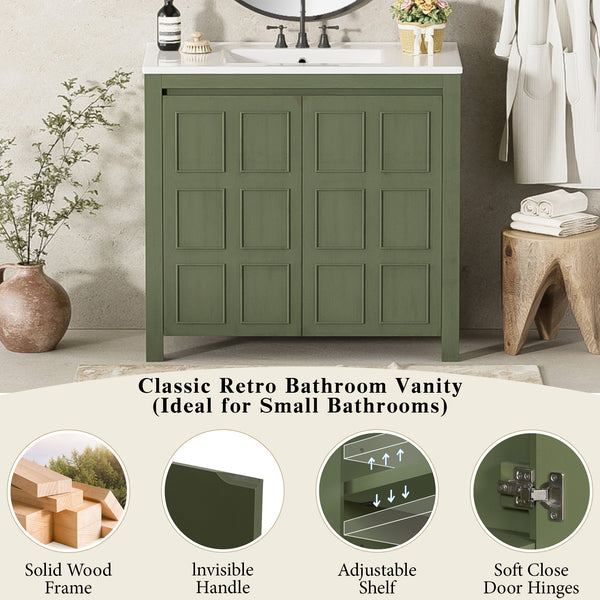 English Elm 36" Bathroom Vanity Organizer with Ceramic Sink, Solid Wood Distressed Finish, Hand-Painted Charm and Ample Storage Olive Green N729P255666F