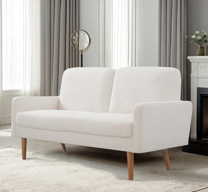 English Elm Velvet Upholstered Two Seat Loveseat with Tapered Wood Legs Mid Century European Style Ivory B2735P291963