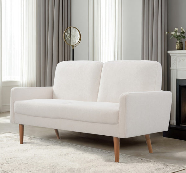 English Elm Velvet Upholstered Two Seat Loveseat with Tapered Wood Legs Mid Century European Style Ivory B2735P291963