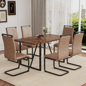 English Elm Table And Chair Set - Retro Rectangular Dining Table With Fishbone Mdf Top & 6 Stylish Brown Chairs W1151S03141-GIGA