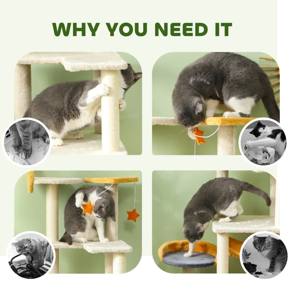 English Elm Large Floral Cat Tree 74 Inch Teddy Fleece Multi Level Tower with Sisal Scratching Posts T3971P413038