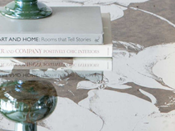 English Elm 71x39.5x31.5" Mirrored Dining Table with Lifelike Floral Motifs, Seats 6-8, Silver Glam Accent Surface W2078P248213