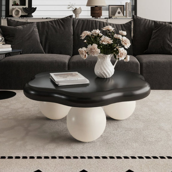 English Elm 35" Cloud Shaped Mdf Coffee Table Sculptural Round Top with Spherical Legs for Modern Living Black White W1435S00029