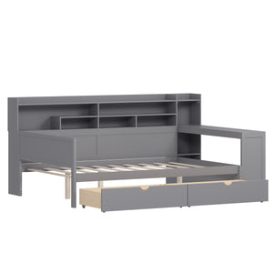 English Elm Wooden Full Size Daybed with Built-In Desk, Side Shelves and Dual Drawers for Organized Living Gray 70 L x 18.6 W x 5.5 H N733S241486E