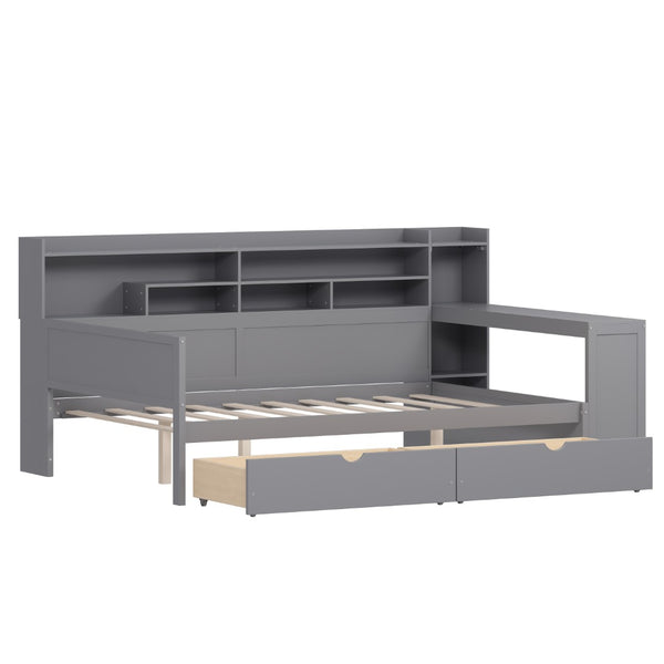 English Elm Wooden Twin Daybed with Trundle Built-in Desk and Open Shelves for Kids Rooms Gray N733S373385E