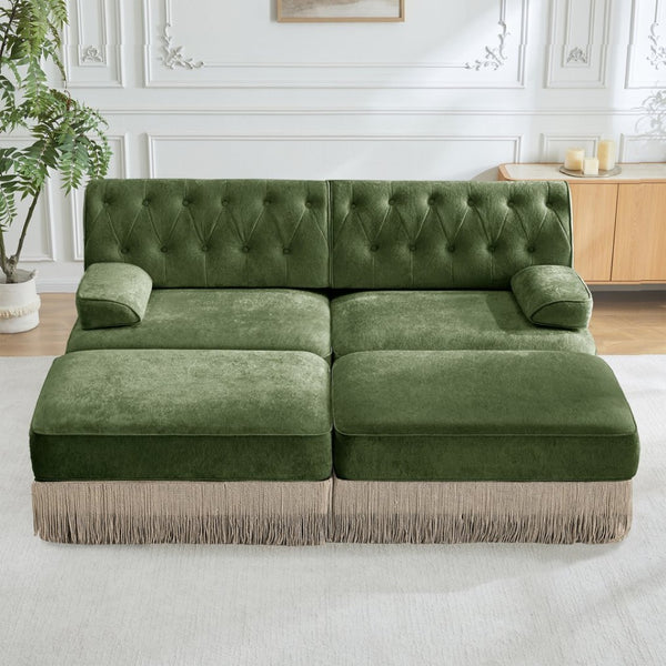 English Elm With Tufted Velvet Sectional Sofa Two Ottomans Tassel Skirt French Chesterfield Living Room Green W714S01745