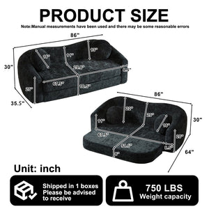 English Elm 86-inch Curved Chenille Convertible Sofa Recliner Frameless Folding Two-seater for Living Room Black W3505P452820