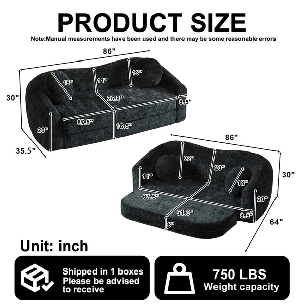 English Elm 86-inch Curved Chenille Convertible Sofa Recliner Frameless Folding Two-seater for Living Room Black W3505P452820
