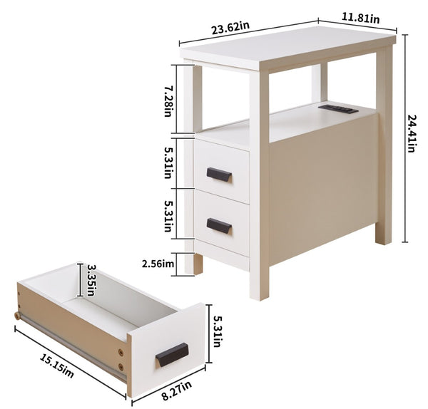 English Elm End Table with Charging Station Two Drawers Rustic Wood Finish for Bedroom or Office W5368P460469