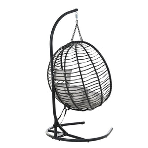 English Elm U_style Wicker Hanging Egg Chair with Stand Hdpe Cocoon Swing for Balcony Garden Black+ Gray N711P389503E