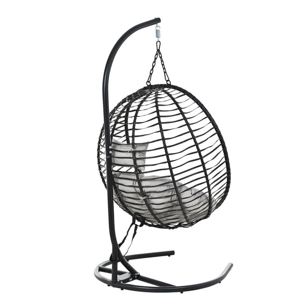 English Elm U_style Wicker Hanging Egg Chair with Stand Hdpe Cocoon Swing for Balcony Garden Black+ Gray N711P389503E