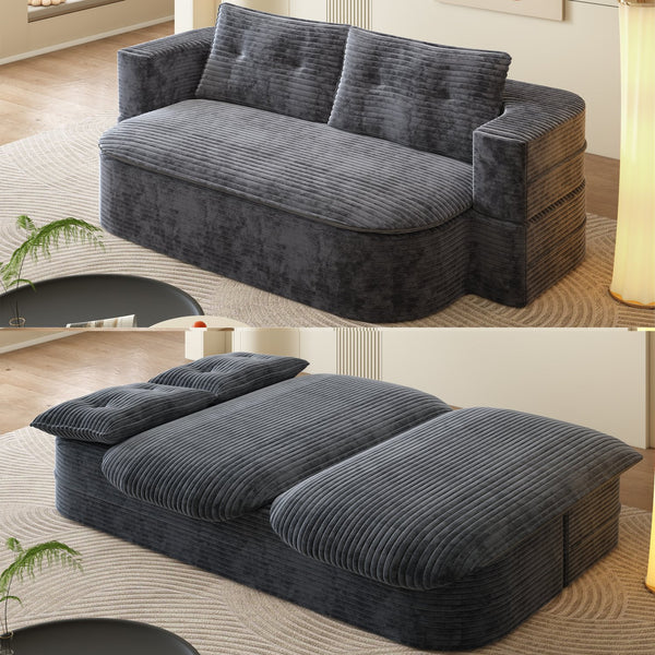 English Elm 78.7" Modern Foldable Corduroy Sofa Bed with 2 Plush Pillows, 2-in-1 Convertible Sleeper and Blanket DARK GREY W3219P317386