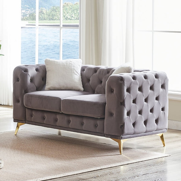 English Elm Fx Velvet Chesterfield Sofa Button Tufted Diamond Quilted Design with Accent Pillows Grey W1926S00089