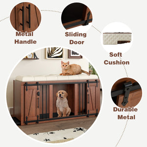 English Elm 56"L, 56"L Mid-Century Walnut Dog Crate Bench Ottoman with Sliding Barn Door, Padded Removable Cushion, Wheels, 300lb耐 N843P293660W