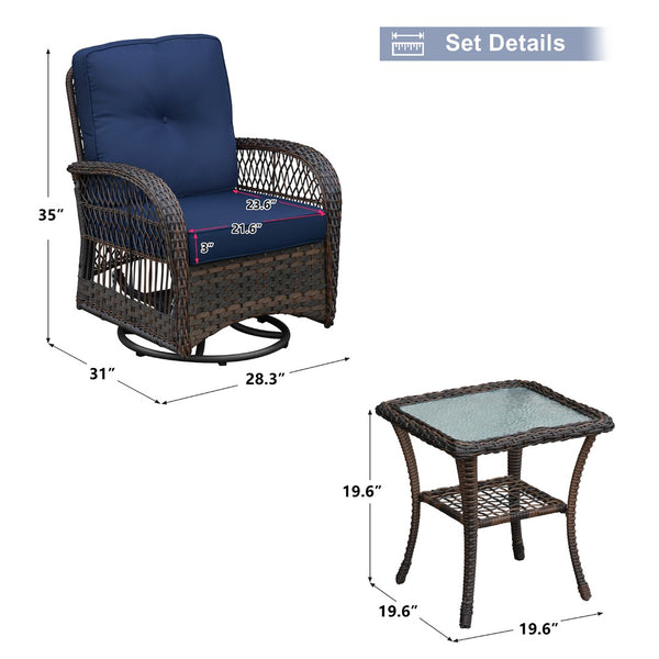 English Elm 3 Piece Outdoor Wicker Rocking Bistro Set with Glass Top Table Patio Porch W1889P500331
