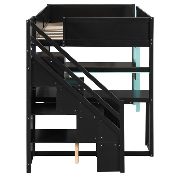 English Elm Full Size Gaming Loft Bed with Led Lighting Desk Shelves and Usb Charging Ports N820S00071C
