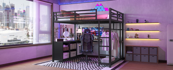 English Elm Metal Loft Bed With Integrated Desk, Storage Shelves & Wardrobe – Space-Saving Solution For All Ages W1580S00117