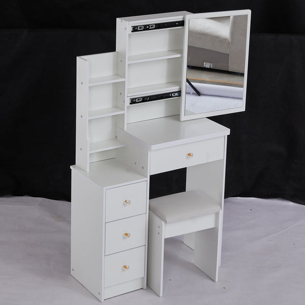 English Elm 29.2" Elegant Space-Saving Vanity Set With Cushioned Stool, Sliding Mirror & High-Capacity Storage W936P226029