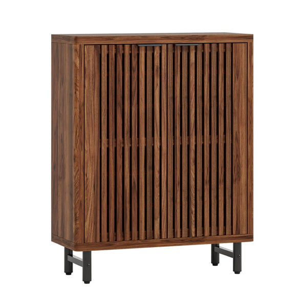 English Elm Wooden Louvered Shoe Cabinet Dark Walnut Finish Entryway Storage Six Shelf T3971P453463