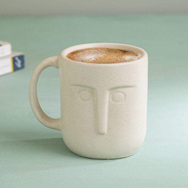 English Elm Beige Ceramic Moai Face Mug Set of 2 — Handcrafted Eggshell 350ml/11.8oz, Unique Cultural Artisanal Drinkware B346P369784