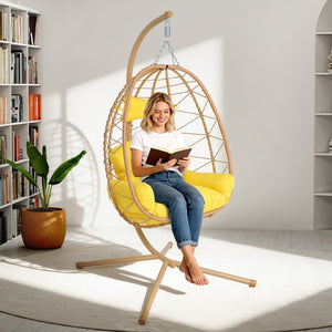 English Elm Hanging Egg Chair Wicker Swing with Stand Ergonomic Cradle for Patio or Bedroom T5880P497562