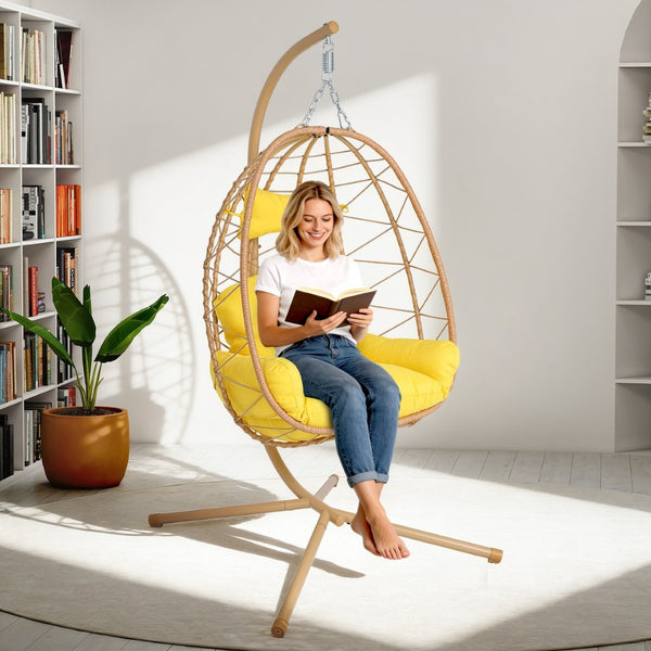 English Elm Hanging Egg Chair Wicker Swing with Stand Ergonomic Cradle for Patio or Bedroom T5880P497562