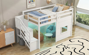English Elm Twin Loft Bed Pinewood Frame with Storage Staircase Led Lighting and Window Cutout White GX000436AAK