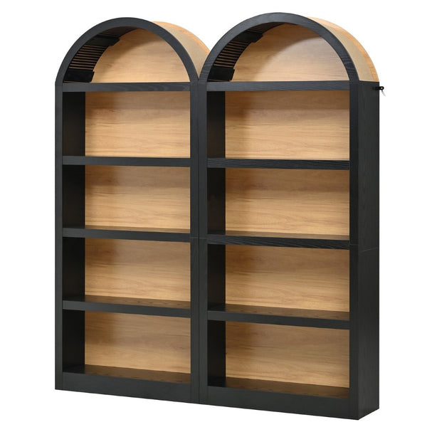 English Elm 3-piece Farmhouse Entertainment Center with Arched Glass Doors and Open Tower Shelving Black N721S000070B
