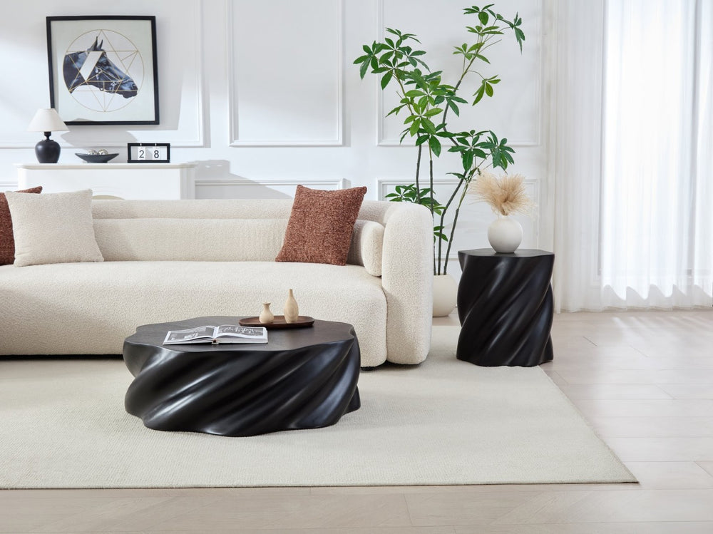 English Elm 35" Sculptural Petal Coffee Table Matte Black Fiberglass Fluted Base Living Room W2664P462014