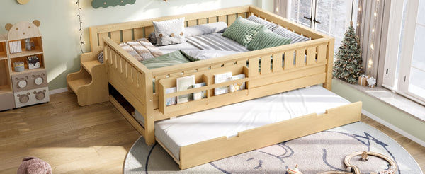 English Elm Twin Kids Platform Bed with Trundle Staircase Bookshelf and Rounded Safety Rails Light Natural W1580S00560