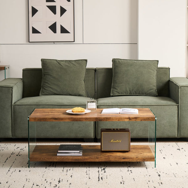 English Elm MDF Walnut Coffee Table with Tempered Glass Top — Small Brown Sofa Side Table, Durable & Waterproof W1718P321600