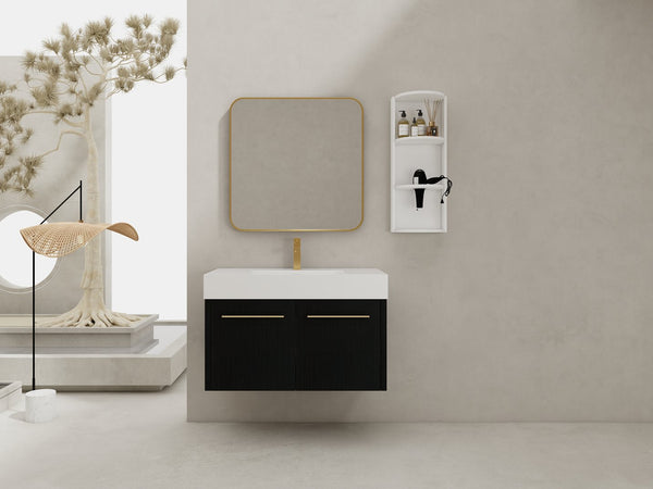 English Elm 36 Inch Wall-Mounted Bathroom Vanity Set With Thick Resin Sink, Storage Rack & Soft-Close Hinges W999S00369