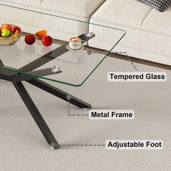 English Elm 39.37" Rectangular Clear Tempered Glass Coffee Table With Black Metal Legs For Modern Living Spaces W241P227952
