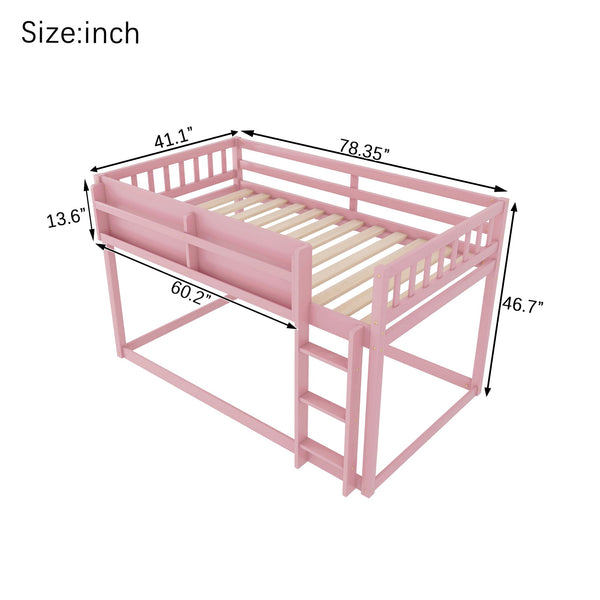 English Elm Low Low Twin Over Twin Bunk Bed with Ladder, Solid Wood Low-Profile Kids Bed Frame, Sturdy Design Pink 81.1 L x 13.58 W x 6.49 H W2593P375491