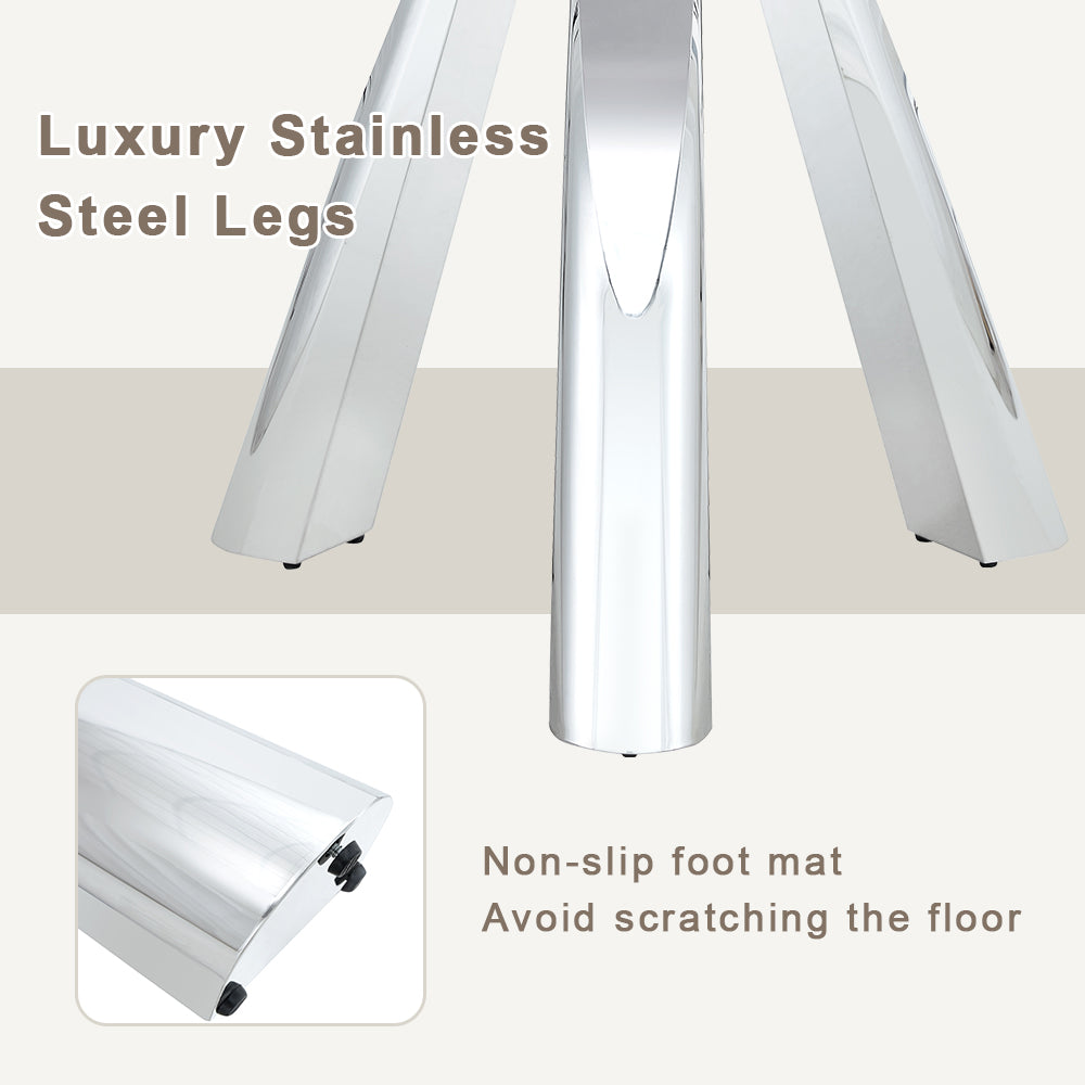 English Elm A 42-inch round dining set with stone top table and gold-plated stainless legs plus four PU chairs Black+Silver 31 L x 19.5 W x 17.5 H W1512S00135