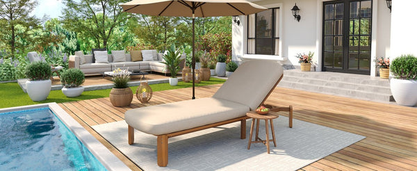 English Elm Outdoor Acacia Wood Chaise Lounge Reclining Patio Chair with Cushion for Poolside Brown N719P445623D